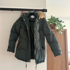 Forest green winter coat with faux fur hood